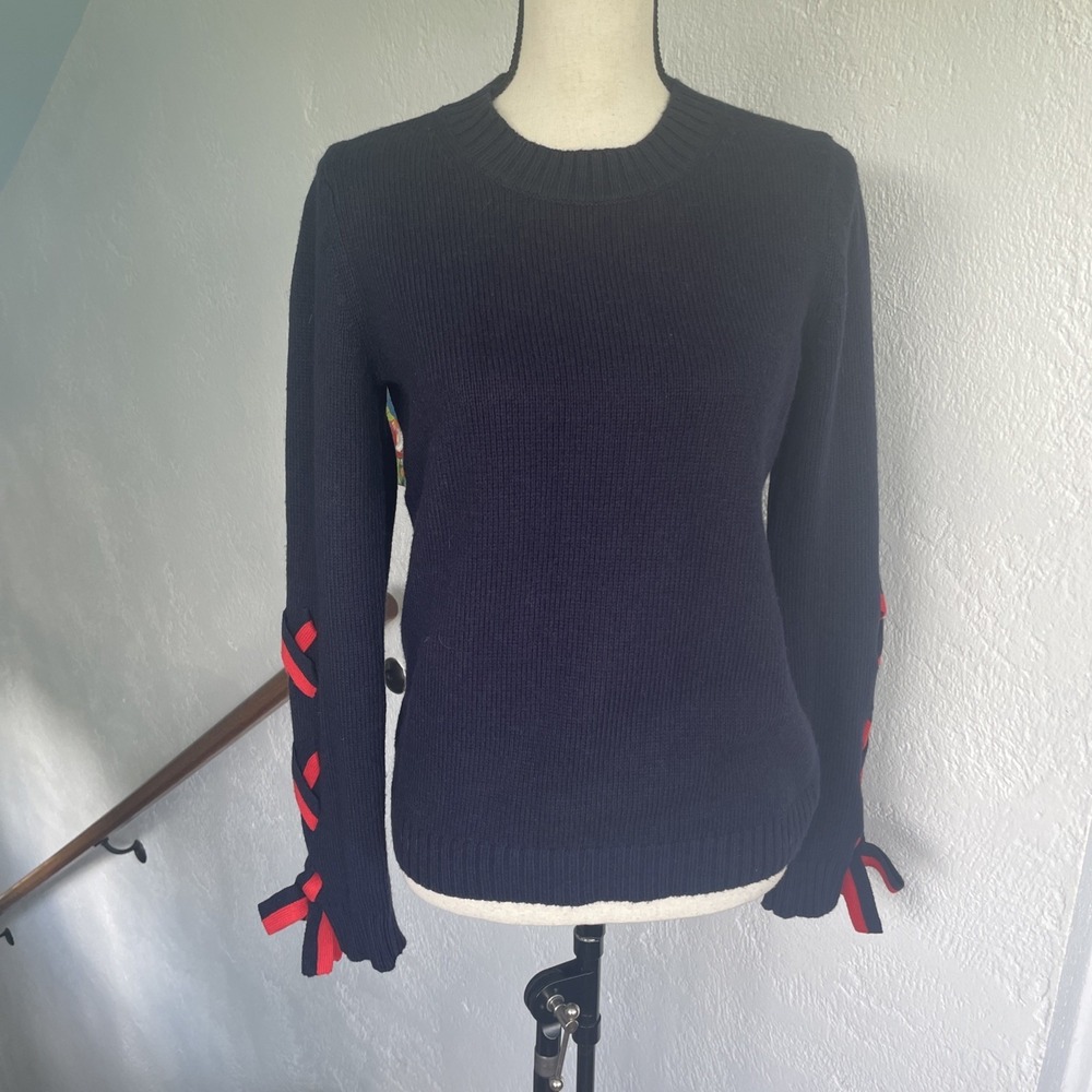 BODEN Sweater Angelica Navy & Red Lace-Up Ribbon Sleeve Womens small